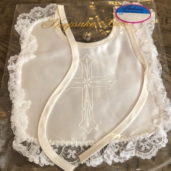 Madonna Christening Bib Lace and Satin w/Snap Keepsake Bib Holder Made in USA - Picture 13 of 17
